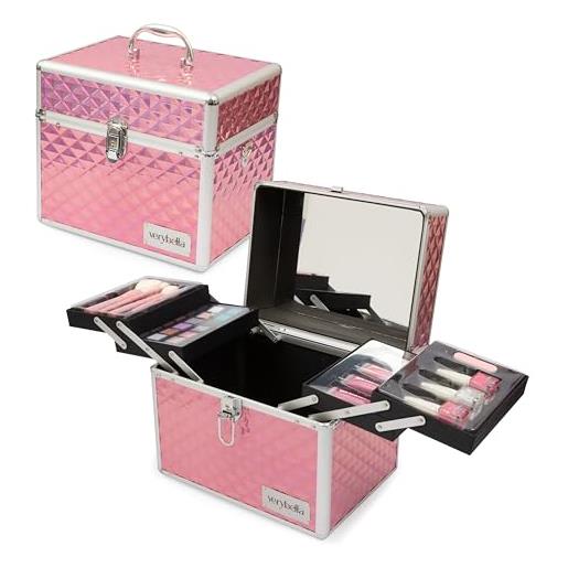 verybella valigetta trucchi, con tracolla e maniglia, 31 x 22,5 x 27 cm, con 4 vassoi su due livelli, specchio, 4 pennelli make up, 1 palette 18 ombretti, 4 lip gloss alla fragola, 3 smalti peel off