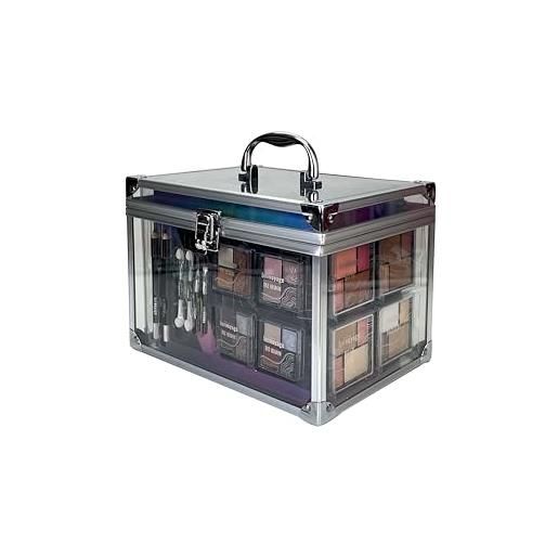 bonvoyage, set trucchi donna, include rossetti, ombretti, fard, bronzer, illuminante, e pennelli make up, valigetta trasparente portatile e leggera, colour delights