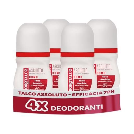 Borotalco, deodorante uomo roll-on asciutto ambrato, con talco assoluto, assorbe il sudore, senza alcool, profumo ambrato, 72h efficacia - 4 pezzi da 50 ml - esclusiva amazon