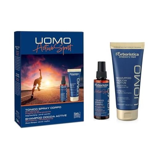 L'Erboristica di Athena's dal 1969 l'erboristica athena's | confezione uomo active, cofanetto con tonico spray corpo rinvigorente 100 ml, shampoo doccia active stimolante e rivitalizzante 200ml, made in italy
