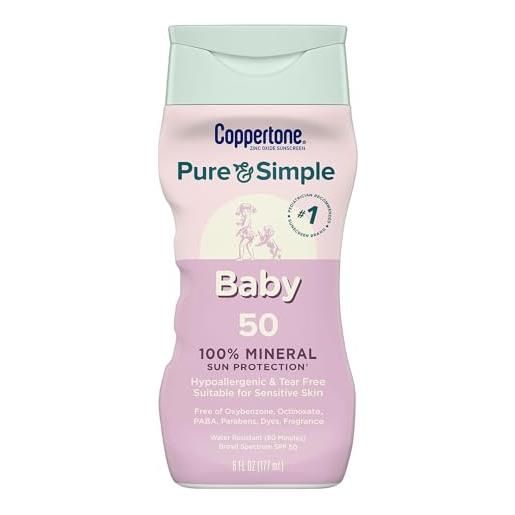 Coppertone pure and simple - lozione solare per bambini spf 50, protezione solare minerale all'ossido di zinco per neonati, ipoallergenica e senza strappi, flacone da 15 ml