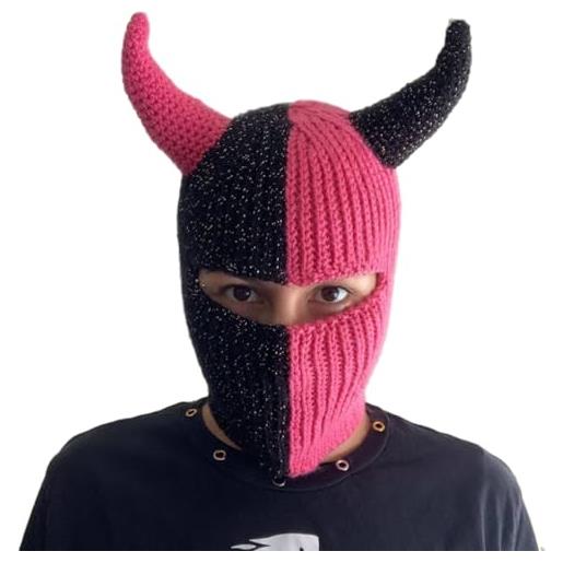 TSBB cappello passamontagna lavorato a maglia con corna da diavolo, passamontagna divertente in corno per donna uomo adulto maschera per il viso di halloween cappello berretto fatto a mano caldo copri