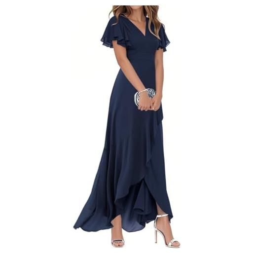 Minetom vestiti da cerimonia da donna chiffon scollo a v linea ad a con spacco stile impero abito da sera con volant a maniche corte abiti da damigella a vino rosso m