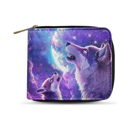 Dngkaoje portafogli bifold con cerniera per uomo pochette in pelle pu con più slot per carte di credito organizzatore casual per denaro, lupo stellato viola, l4.9xw1xh4.2 inches