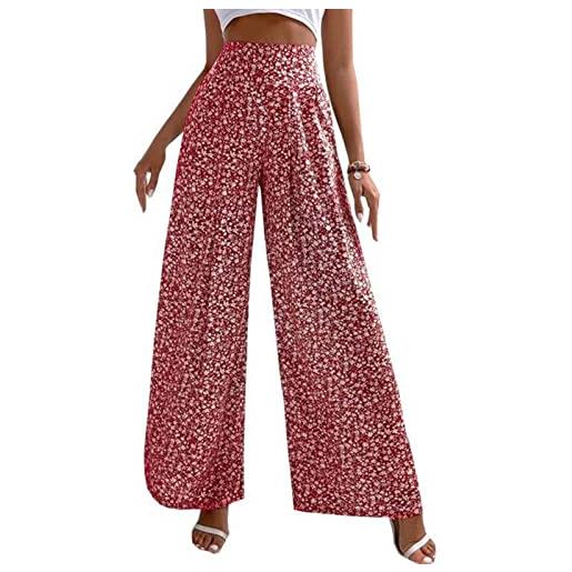 Ausla pantaloni larghi casual da donna, pantalone donna a zampa larga, pantaloni a gamba larga con elastico in vita alta, pantaloni casual con stampa floreale da spiaggia per estivi (s-rosso)