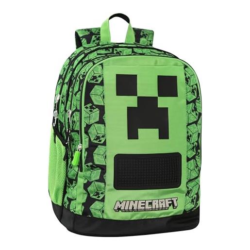Franco Cosimo Panini minecraft - zaino scuola ufficiale minecraft, con 2 ampi spazi centrali, tasca frontale sagomata, tasche laterali in rete, spallacci regolabili imbottiti, retro e fondo termoformati, 32x43hx23cm