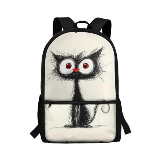 Fishisbird zaino scolastico per bambini con tasca frontale grande capacità zaino per la scuola essenziale per il rientro a scuola, gatto nero dipinto a mano, taglia unica