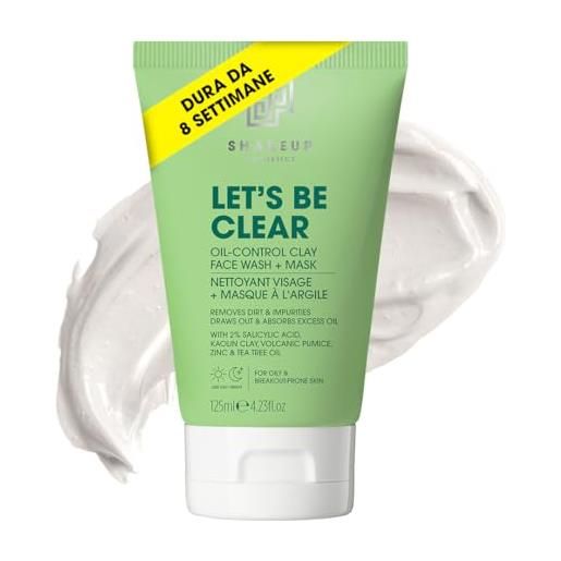 Shakeup Cosmetics shakeup - lavaggio viso maschile 2 in 1 + maschera all'argilla, controllo dell'olio, chiarificazione con pomice vulcanica, albero del tè, acido salicilico al 2% , cura della pelle vegana, 125ml