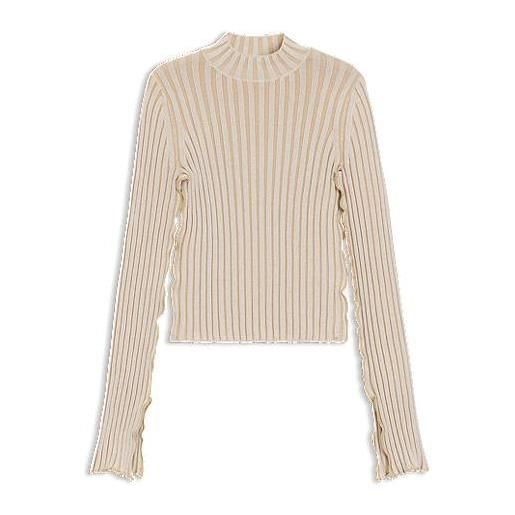 HUGO maglione a lupetto in cotone a coste con ruche sulle cuciture, beige chiaro