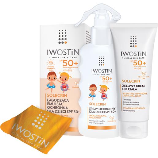 Iwostin solecrin set (emulsione spf50+ 100ml + spray spf50+ 175ml + gel-crema spf50+ 200ml + asciugamano)