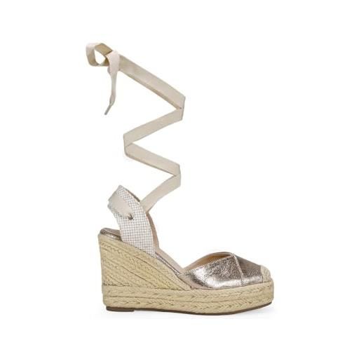 BOSANOVA espadrillas da donna con dettaglio a scollatura a cuore, punta in rafia e suola quadrata con zeppa di sparto. Chiusura a strisce legate. Scarpe da donna, oro, 36 eu