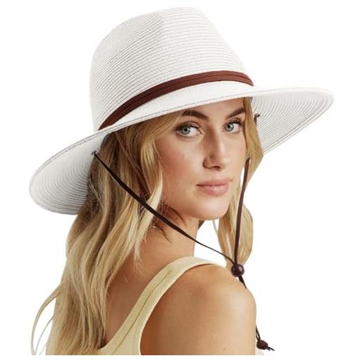 DRESHOW cappello panama donna cappello da sole in paglia a tesa larga cappello di paglia regolabile cappelli da spiaggia upf 50+