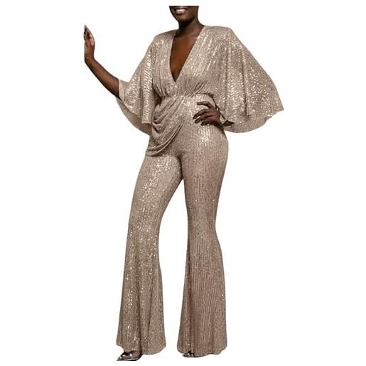 Yekdmxop tuta donna elegante tute donna eleganti con paillettes jumpsuit donna scollo a v casual completo maniche lunghe tinta unita cerimonia party pantalone brillantini con schiena scoperta country concert