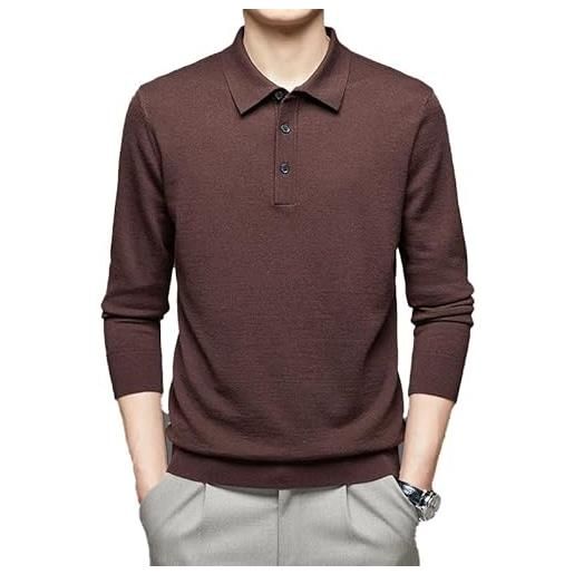 Generic polo da uomo a maniche lunghe, 100% lana merino, maglia sottile, lavabile in lavatrice, brwon, 4xl