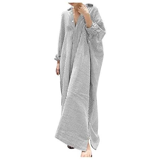 SYDUZAX vestiti lunghi donna cotone lino a righe vestito lungo caftano italiano abito da spiaggia oversize con bottoni abiti estivi larghi casual per feste abiti tunica con risvolto e maniche lunghe