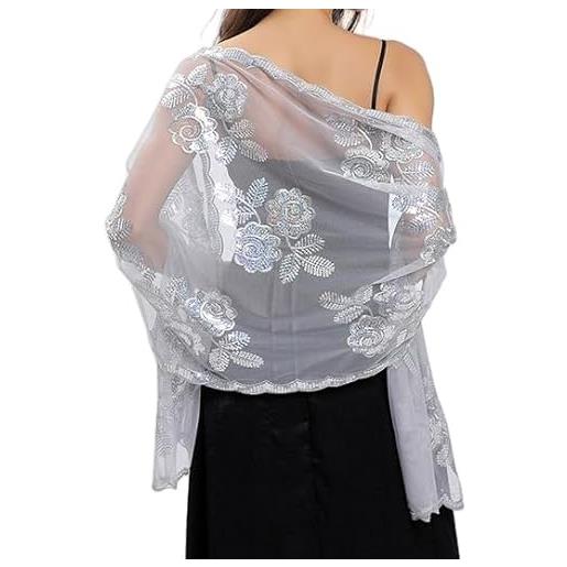 DyLyz scialle in maglia trasparente color argento da donna elegante lucido con paillettes bolero mantello leggero con nappe ricamate a fiori sciarpa coprispalle per abiti da sera e feste