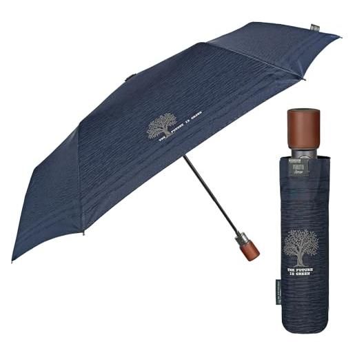 PERLETTI ombrello pieghevole uomo tessuto riciclato - ombrello antivento pioggia automatico ecologico resistente viaggio - ombrello mini portatile con manico in legno - diametro 96 cm (rigato blu)