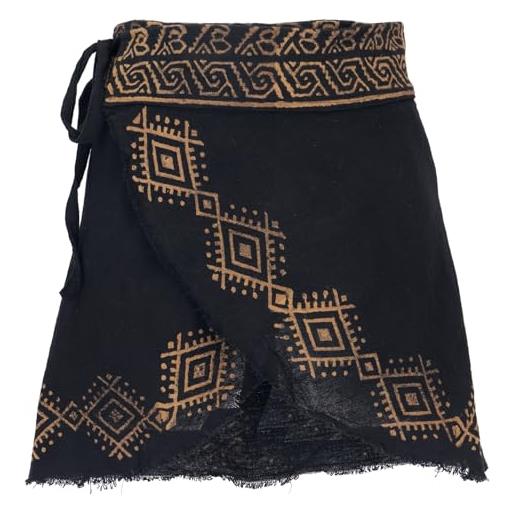 GURU SHOP minigonna naturale goa gonna avvolgente etnico stampato donna, nero , 36