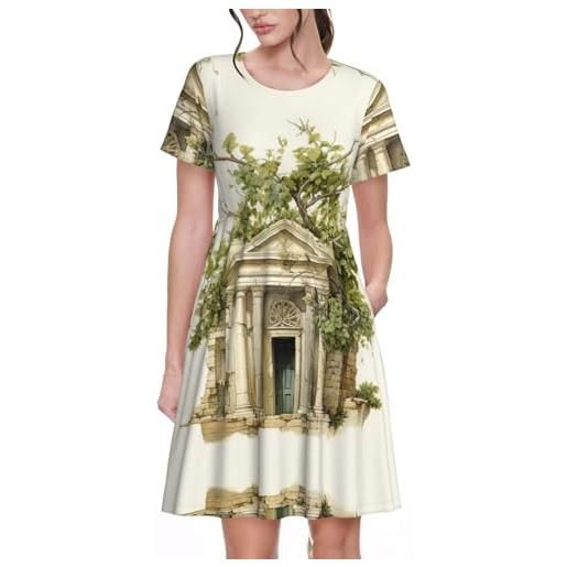 BGSHJVF edificio antico con ramo d'ulivo romano e stampa greca abiti estivi da donna, maxi abito casual, per pasqua, spiaggia, vacanze, nero, l