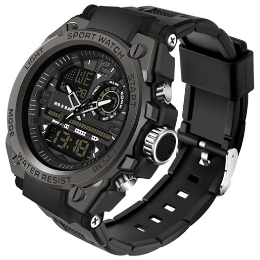 Orologio Sportivo Uomo FANMIS, Analogico-digitale, Grande Quadrante 49mm, Impermeabile 50m, Militare, Con Cronometro, Allarme, Retroilluminazione LED, Nero