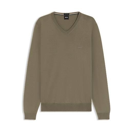 BOSS maglione in lana vergine con scollo a v e logo ricamato, marrone chiaro