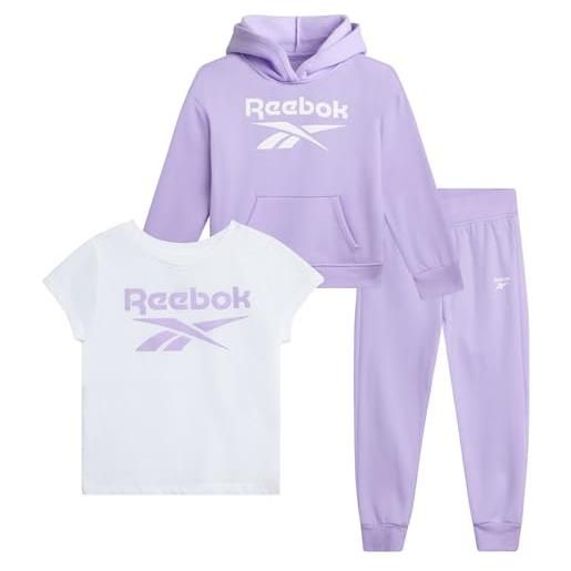Reebok set di abbigliamento sportivo per bambine e bambine, 3 pezzi, in pile, con felpa con cappuccio e pantaloni da jogging, lavanda, 2 anni
