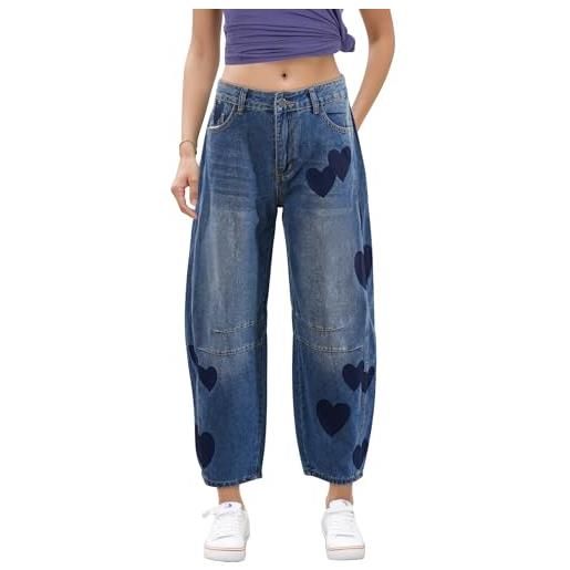 FEOYA jeans da donna ritagliati boyfriend vintage gamba larga barile jeans vita media denim pantaloni alla caviglia con tasche s-xxl, cuore blu. , l