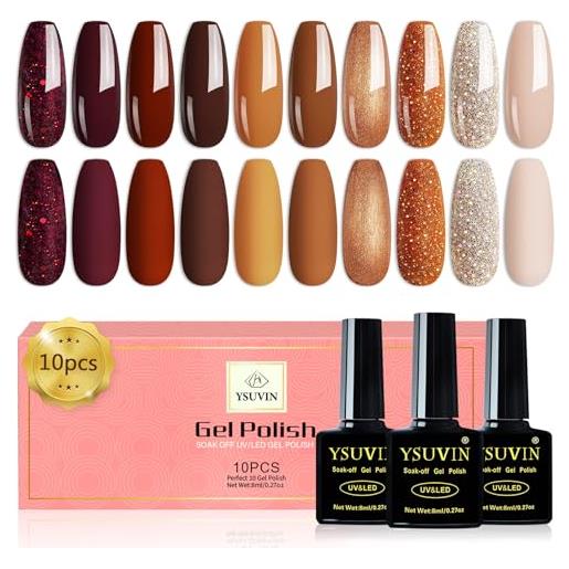 YSUVIN semipermanente unghie, 10 colori autunno glitter smalto semipermante unghie, acero zucca rosso scuro champagne inverno smalto gel soak off uv/led nail art gel unghie set, 8ml