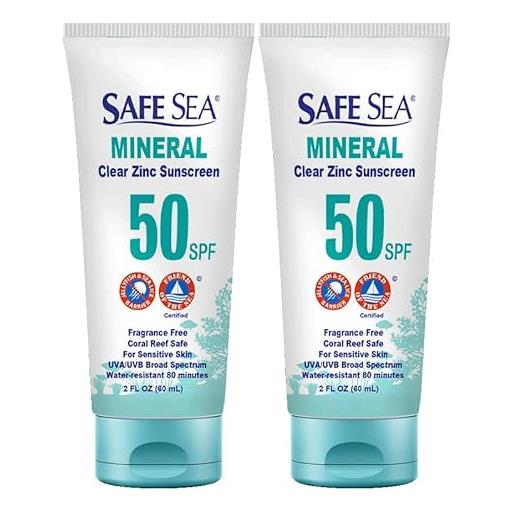 Safe sea protezione solare all'ossido di zinco lsf50 | protezione solare minerale trasparente per il viso senza colata | lozione protettiva antimeduse | antibarriera corallina | dimensioni da viaggio