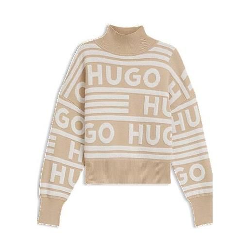 HUGO maglione oversize con collo a lupetto e logo jacquard, beige a motivi