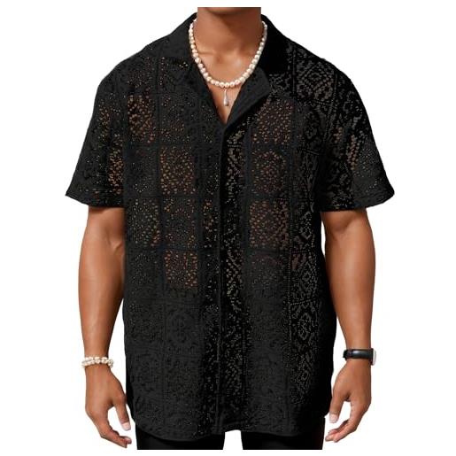 FEOYA camicia da uomo a maniche corte, in pizzo, trasparente, per feste e feste, nero , xxl