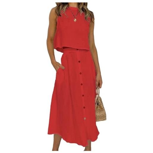 tinbarry completo elegante tailleur gonna da donna abito estivo in due pezzi girocollo canotta + gonna con bottoni set abito lunghi semplic