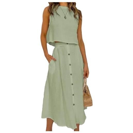 tinbarry completo elegante tailleur gonna da donna abito estivo in due pezzi girocollo canotta + gonna con bottoni set abito lunghi semplic