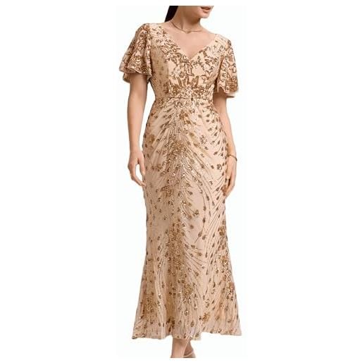 Ever-Pretty abito da sera con paillettes elegante scollo a v cerimonia taglie forti manica corta midi estivo oro 54