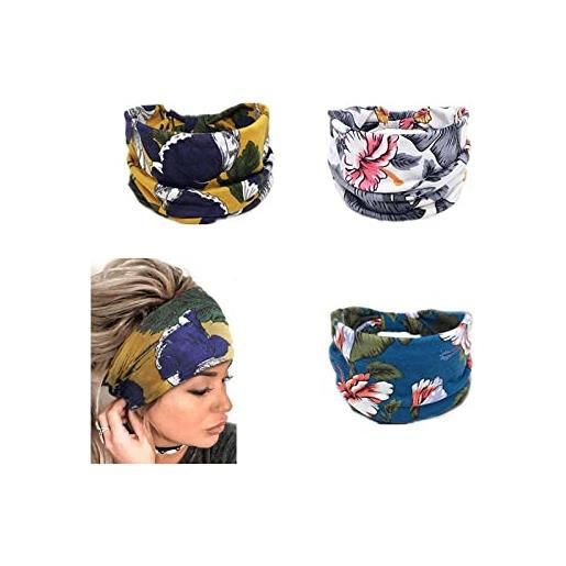 Yean - fascia per capelli da yoga in stile boho, con stampa floreale e turbante, alla moda, per donne e ragazze (confezione da 3) (a)