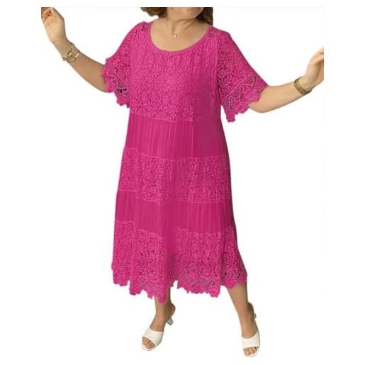 Onsoyours vestiti estivi eleganti vestito in pizzo donna manica corta tinta unita girocollo elastico a-line vestito casuale eleganti girocollo maxi abito a fucsia xl