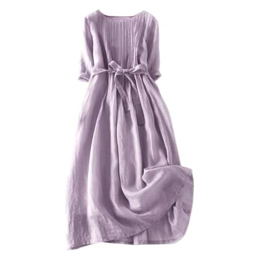 Generic find abito da donna, tinta unita, stile retrò, con lacci, in cotone e lino, con tasche, abito sexy da donna, lilla, xxxl