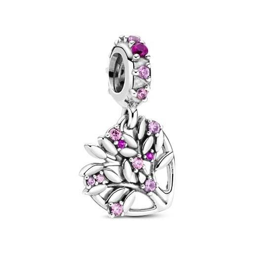 PANDORA icons pendente a forma di albero genealogico in argento sterling con zirconia cubica rosa fairy tale, zaffiro rosa sintetico e rubino sintetico