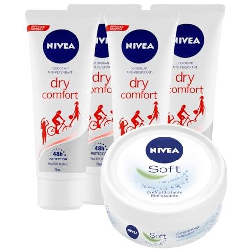 Generico dry comfort deodorante crema anti-traspirante protezione pelle 48h formula dual active senza alcol 4 flaconi da 75ml + crema idratante 50ml