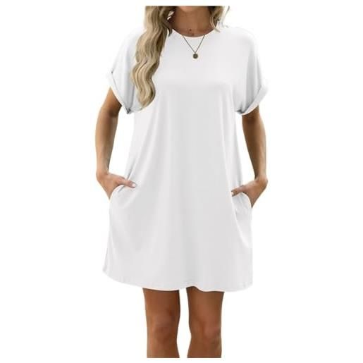 OPITUN abiti da donna estivi larghi e fluidi abito t-shirt girocollo spiaggia con tasca(white, medium)