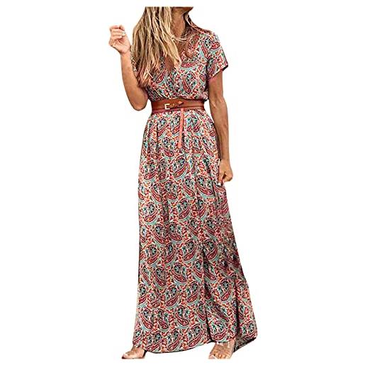 WOXIHUAN abito lungo donna floreale elegante a vita alta, manica corta, scollo v, stile vintage, boho, casual, eleganti, maxi, marrone, l