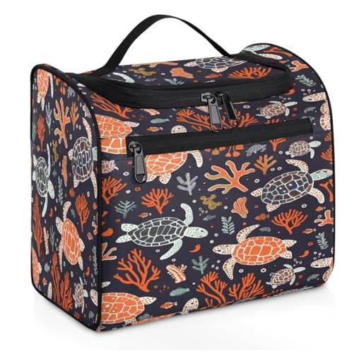 Mexpekil beauty case da viaggio da appendere con 11 scomparti, borsa per cosmetici impermeabile con tartaruga alghe e tartaruga, organizer da viaggio per accessori, shampoo, articoli da toeletta, 