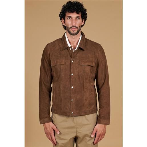 D'Arienzo giacca sfoderata pelle camoscio fango con colletto camicia D'Arienzo