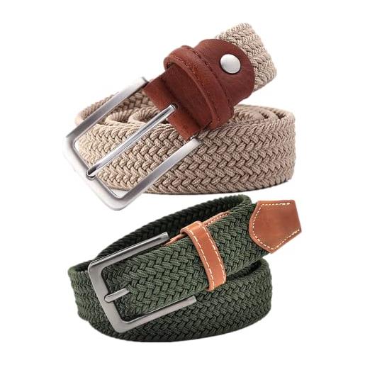 DTKJ cintura intrecciata elastica per uomini donne, cintura intrecciata unisex casual argento fibbia elasticizzata, larghezza 3,5 cm, beige e verde. , 115 cm