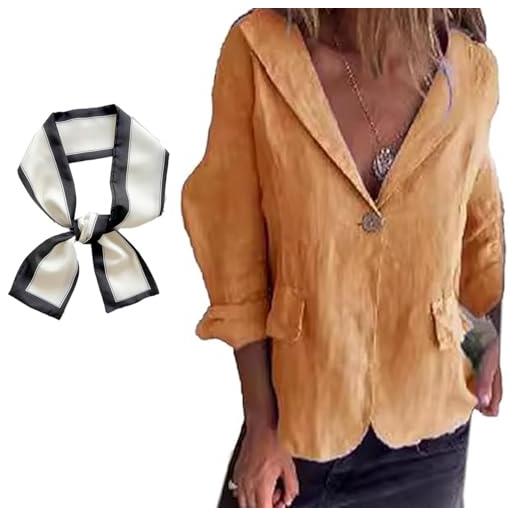 Aoukp cotton and linen casual lapel single-button thin coat, linen summer jackets for women, long sleeve loose lapel blazer jacket (orange, l)