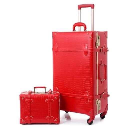 Urecity valigia vintage con 4 ruote, trolley da viaggio, leggera, retrò, custodia rigida, 2 pezzi, con piccolo formino da 12 pollici, colore: rosso, s(12)+m(20), vintage