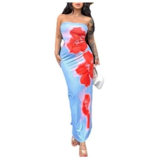 SCLEROPAGES abito lungo da donna, con stampa floreale, elegante, formale, senza maniche, da sposa, da principessa, da damigella d'onore, blu, s