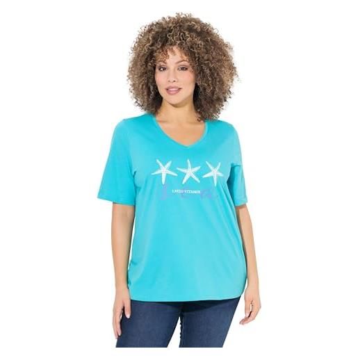Ulla Popken t-shirt classica con stelle marine, scollo a v e mezze maniche turchese scuro 46+ 838904740-46+