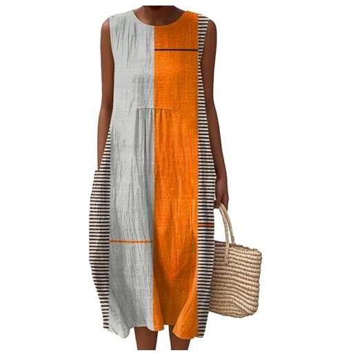 Mfhmom vestito mussola donna con pieghe in lino abito estivo boho con scollo rotondo stampa floreale vintage lunghezza al ginocchio abiti da spiaggia senza maniche vestiti leggero e traspirante