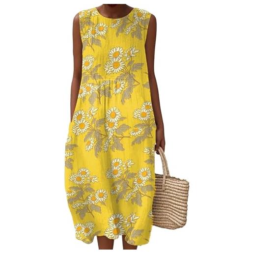 Mfhmom vestito mussola donna con pieghe in lino abito estivo boho con scollo rotondo stampa floreale vintage lunghezza al ginocchio abiti da spiaggia senza maniche vestiti leggero e traspirante